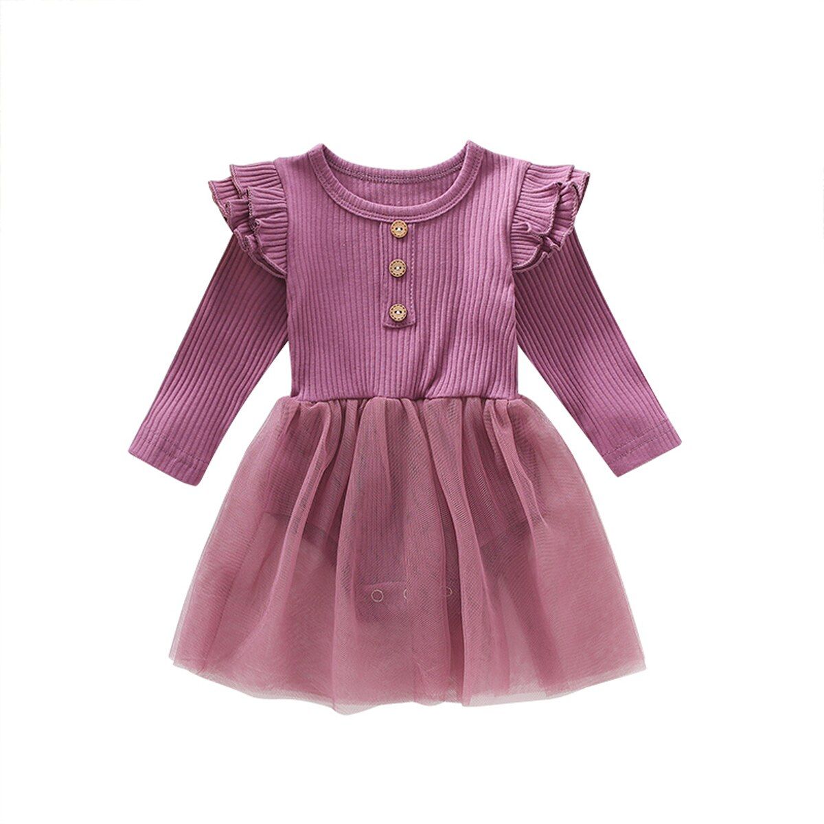 0-24M  Newborn  Infant Baby Girls Tutu Knit Long Ruffles Sleeve Solid Lace Romper