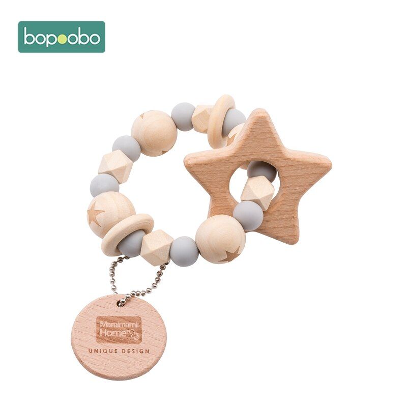 Bopoobo 1pc Baby Teether 1PC Pacifier Chain Beech Star Wooden Clip Geometric Crochet Beads Pacifier Clip Chain Tiny Rod Toys