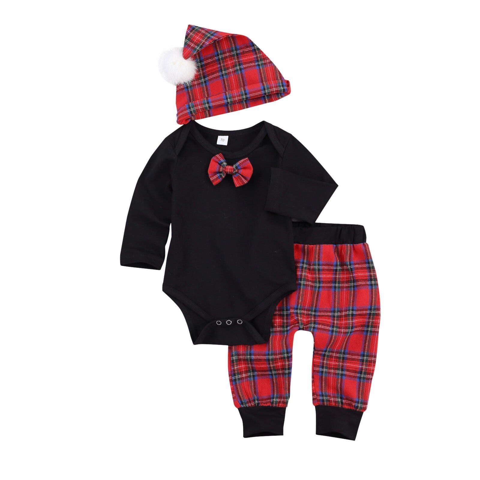3Pcs Outfit Baby Girls Boys Suits New Born Boy Girl Solid O-neck Long Sleeve Top with Bow, Plaid Long Trousers Hat Christmas
