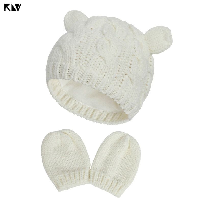 Winter Cotton Baby Hat and Mittens Set Kids Knitted Cotton Beanie Cap Warm Boys Girls Double Pompom Hats Gloves Infant Bonnet
