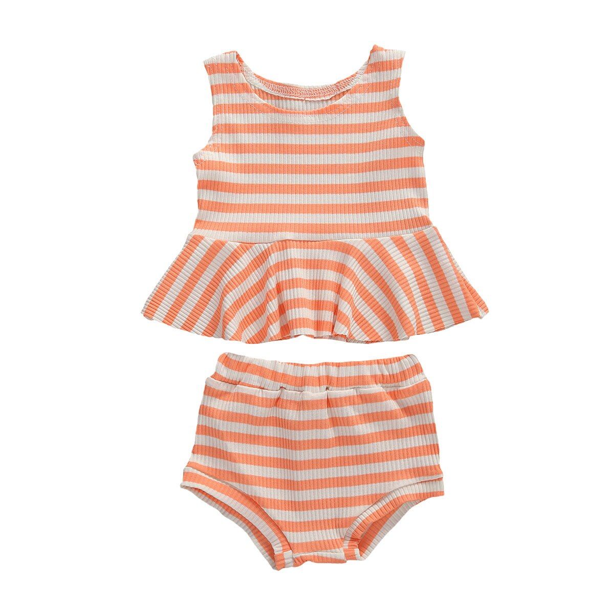 Baby Girls 2-Piece Outfit Set Sleeveless Striped Ruffle Loose Round Neck Top Shirt Triangle Shaped High Waist Short Pants Set