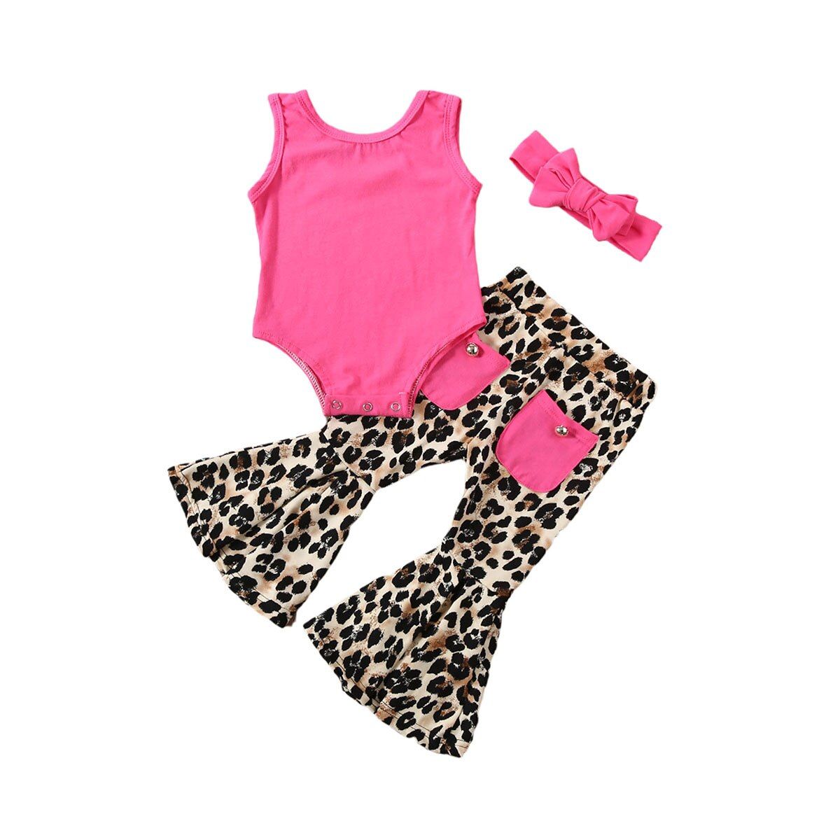 2020 Baby Summer Clothing Newborn Baby Girl Leopard Clothes Top Romper Pocket Flare Long Pants Fluorescent Color Outfits Set