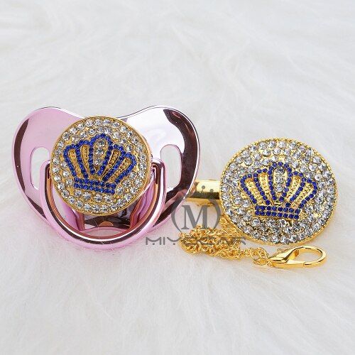 MIYOCAR Gold beautiful GOLD bling pink crown pacifier and pacifier clip set BPA free dummy bling unique design ABCB-8