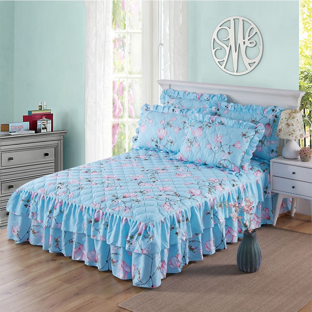 Yfashion aceful Quilted hickened Bedspread Laced Fitted Sheet wo-Layer Bed Cover Wedding Housewarming ift Style:Rain dream orchid heart Dimensions:180 * 220cm single-piece cotton bed skirt