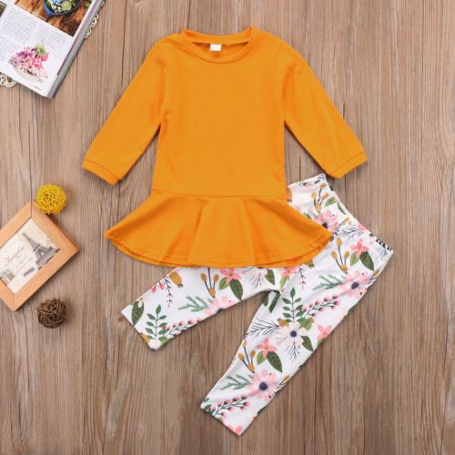 2 Pcs Baby Girl's Clothing Set, Long Sleeve Round Neck Solid Color Ruffle Top + Floral Trousers