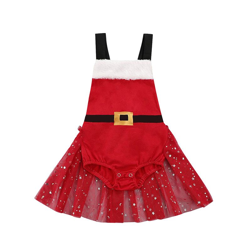 Newborn Christmas Halter Playsuit, Baby Girls Sleeveless Color Block Mesh Patchwork Romper