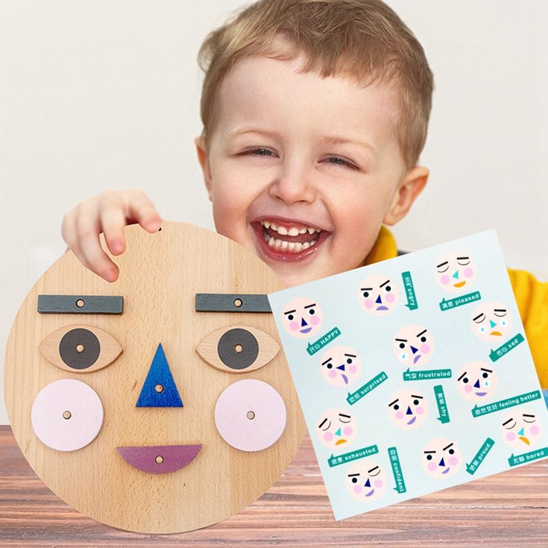Children's Wooden Face Changing Expression Panel Emotion Cognition Blocks Toy Educational Mood Learning for Kids