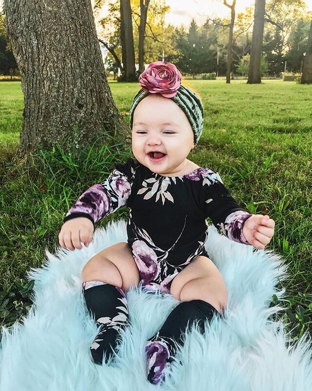 Baby Romper Floral Print Bodysuit+Leg Warmers Socks Outfit