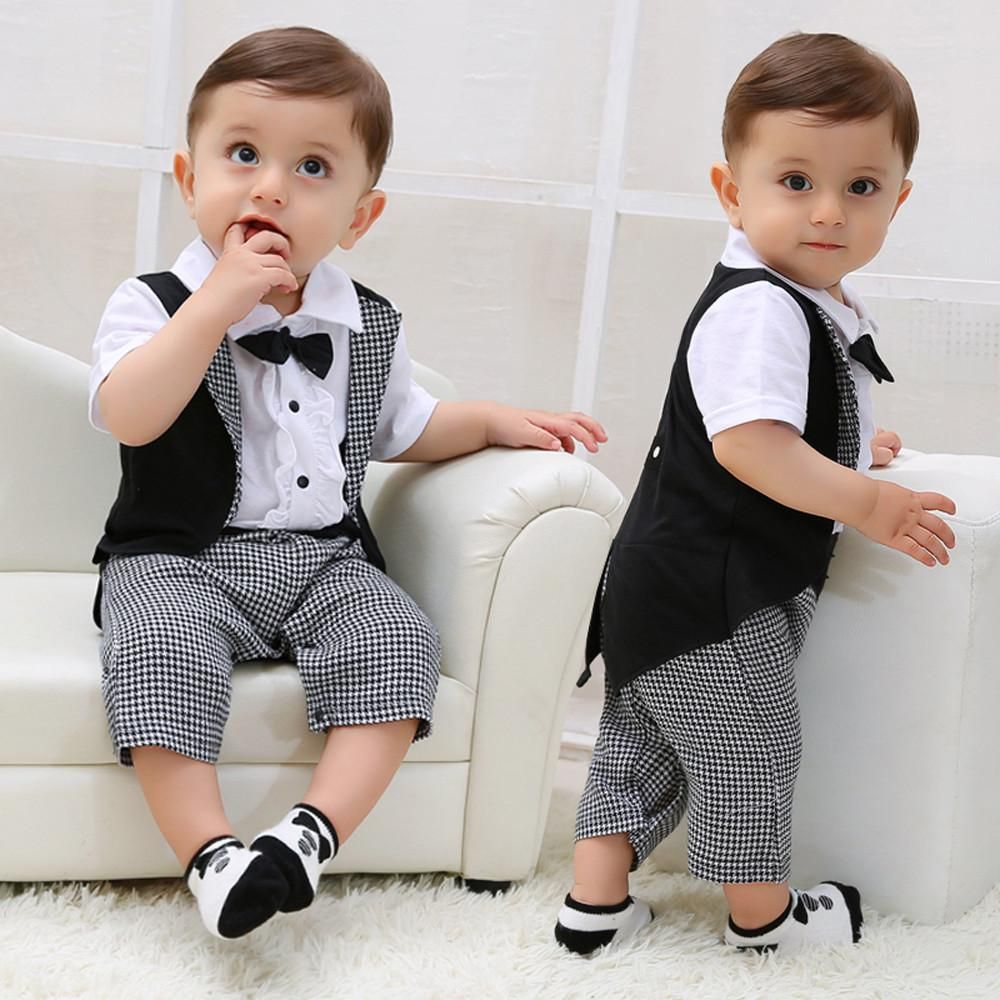 Toddler Baby Boys Gentleman Bowtie Plaid Swallowtail Romper Jumpsuit Outfits