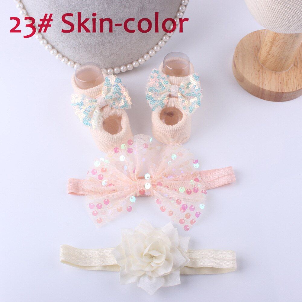 Kids Newborn Baby Girls Boys Cartoon Socks Anti-slip Sock Shoes Boots Floor Slipper Socks+Headband
