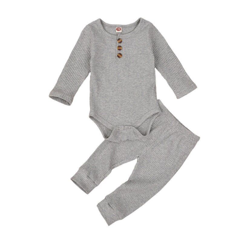 Baby Boys Girls Sleepwear 2PCS Outfit, Crew neck Button Long Sleeve Romper Jumpsuit Pants, Solid Color Ribbed Fall Winter Outfit