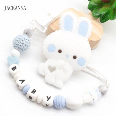 DIY Bunny Pacifier Chain Personalize Name Silicone Rabbit Teething Chain Baby Teether Soother Holder Newborn Baby Pacifier Clips