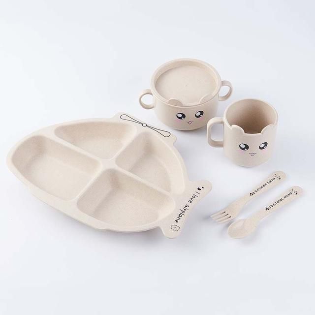 Wheat Fiber Children's Tableware Set Baby Feeding Plate Set Bowl Cup Spoon Fork 5pcs/sets Cartoon Baby Dinnerware Kids