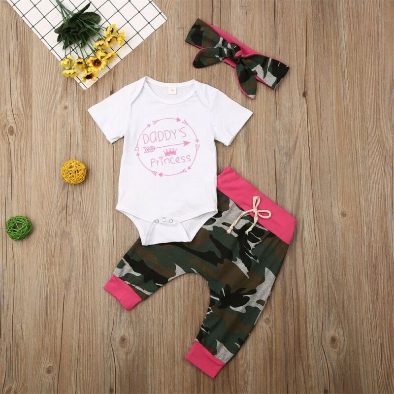 2020 Summer Infant Toddler Baby Girls Tops Arrow Romper Bodysuit Jumpsuit Headband Camouflage Outfit Pants Sets