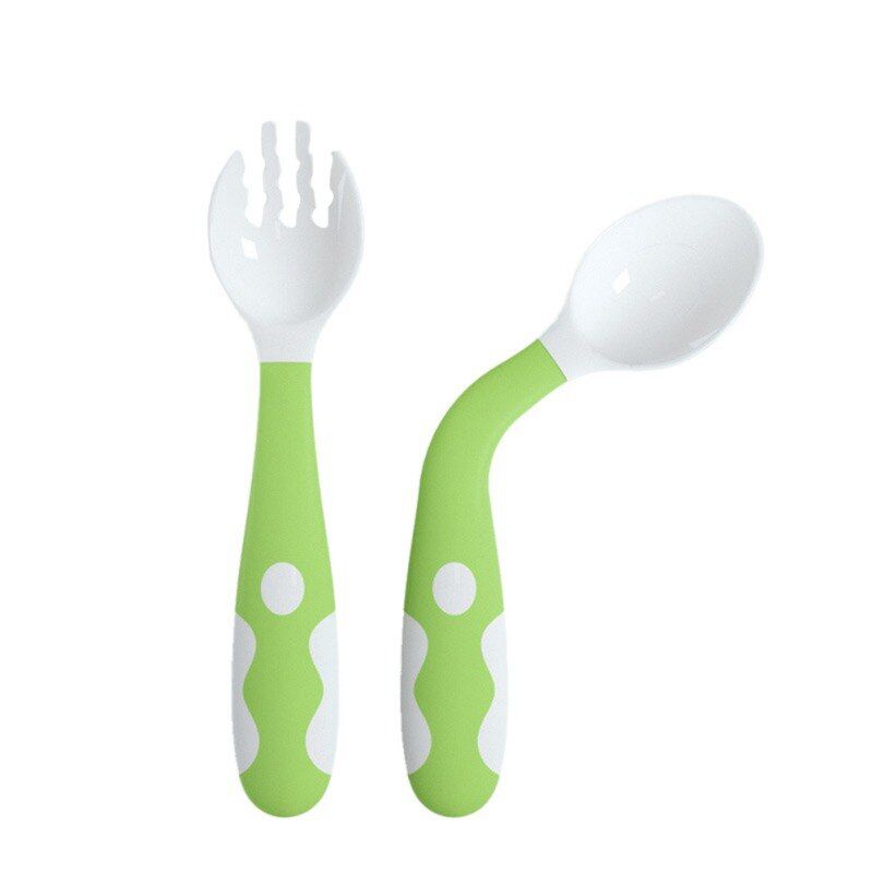 2pcs / set Baby Boys Girls Spoon Fork Feeding Care Soft Silicone Can 360 bend Safety Children Curved Handle Easy Grip Elbow Trai