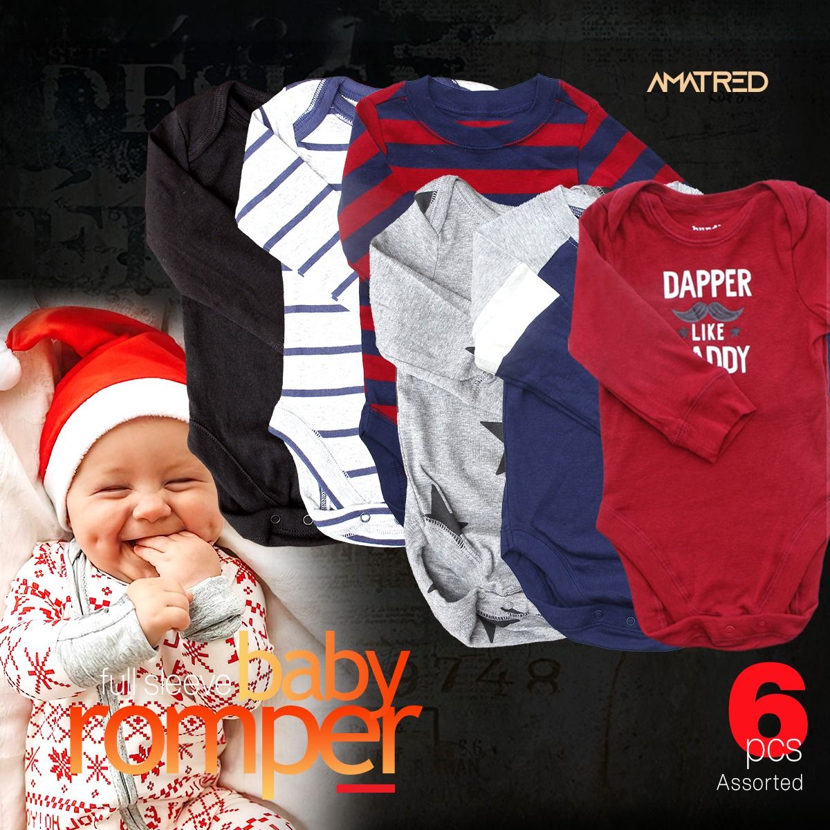 AMATRED 6 Pcs Pack Full Sleeves Baby Romper - Unisex Pure Cotton