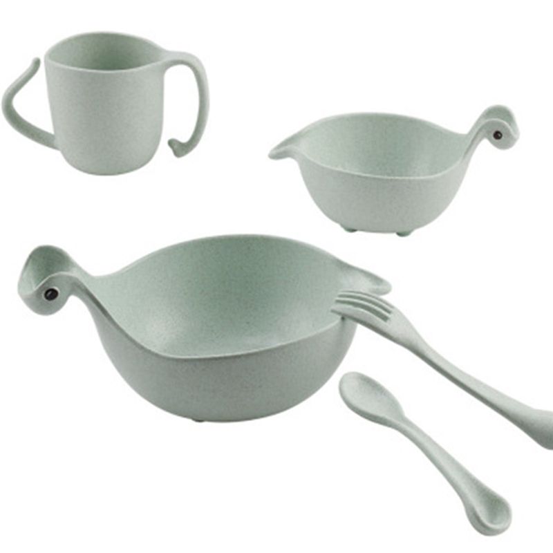 【ALLGOOD】5 Pcs/Set Children Baby Bamboo Tableware Feeding Dinosaur Infant Bowl Plate Cup Spoon Fork Dinnerware for Gift