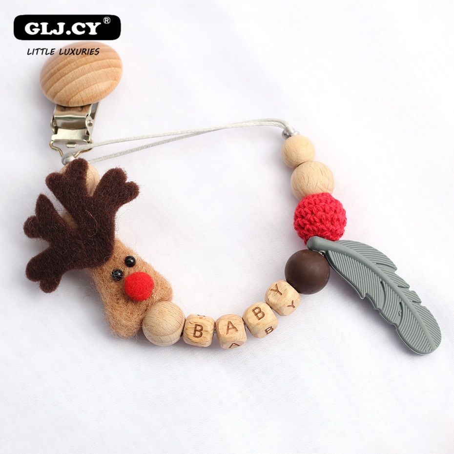 Personalized Name Pacifier Clips Beech Wood Funny fox Chupetero Holder Chain For Infant Feeding Toddler Chew Toy Clips BPA Free