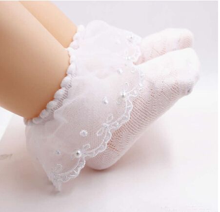 Baby Girls Lace Socks, Infant Breathable Solid Color Lace Pearl Ruffled Anklet for Little Kids, 0-12 Years, Pink/White