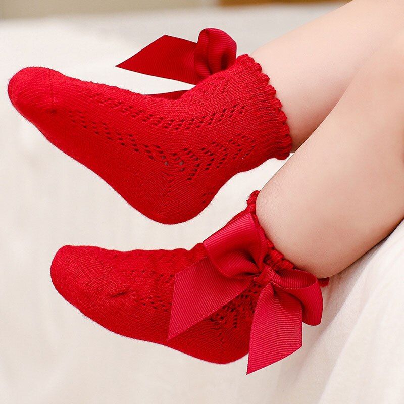 Ribbon Bow Baby Socks Spring Summer Cotton Ankle Socks Solid Color Kids Breathable Socks for Newborn Infant Toddler 0-18M