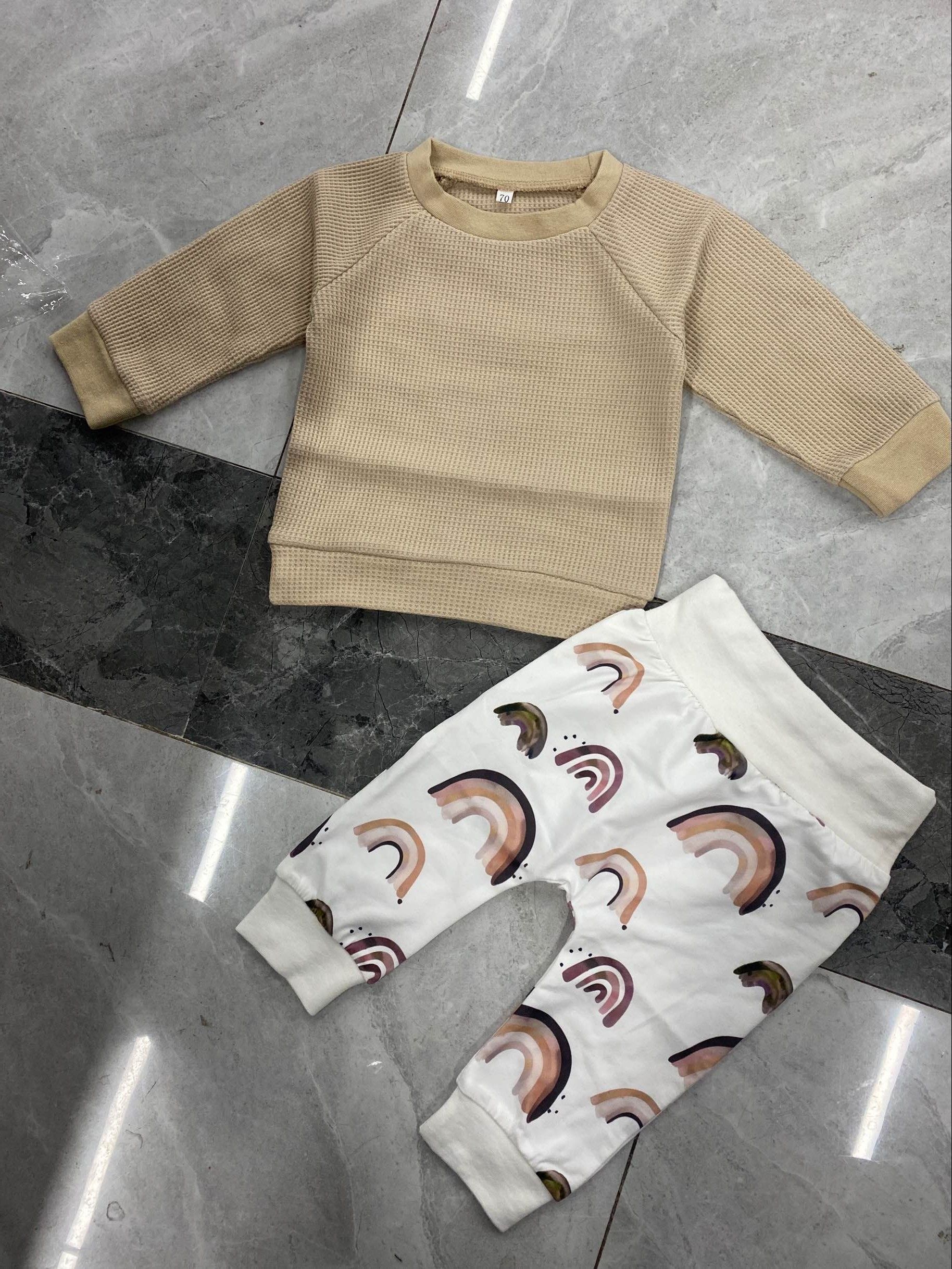 Newborn Baby Boys 2-piece Outfit Set Long Sleeve Top+Rainbow Print Pants Set for Kids Boys