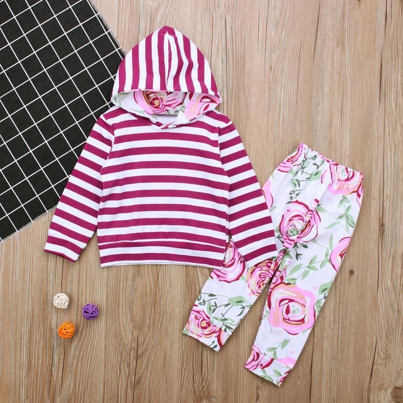 Children'S Spring Fall Girl Striped Long-Sleeved Hooded Top + Flower Trousers Two Pieces Set Children'S Clothing Instagram Baby Girl Clothes Kids Fortnite Toddler Skirt Shorts