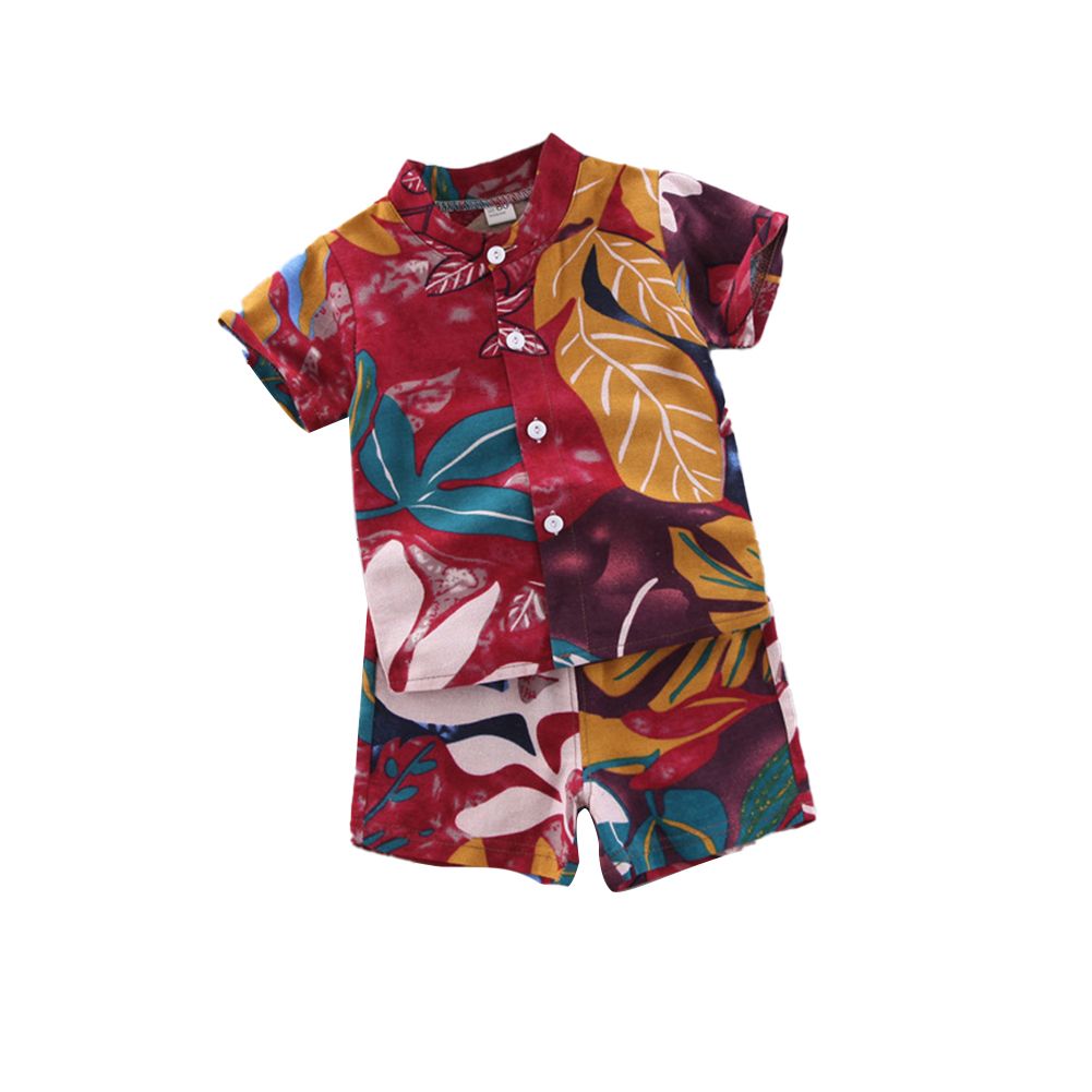 2 Pcs/set ldren  Suit Cotton Short-sleeved Leaf Floral Print Shirt + Shorts Suit For 0-4 Years Old color:Red suitable for height:80cm infant age:0-1years