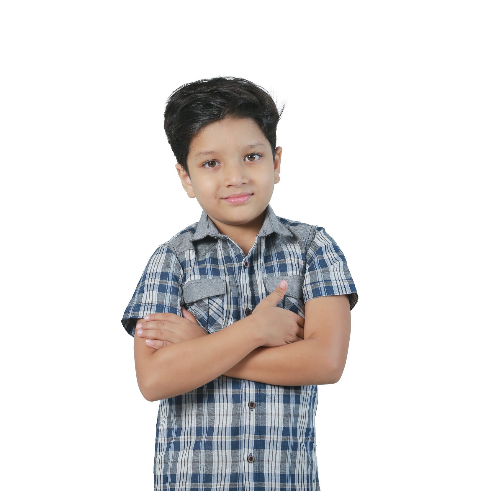 Boys' Short Sleeve Shirt  Blue Check Contrast Collar (BWS 341)