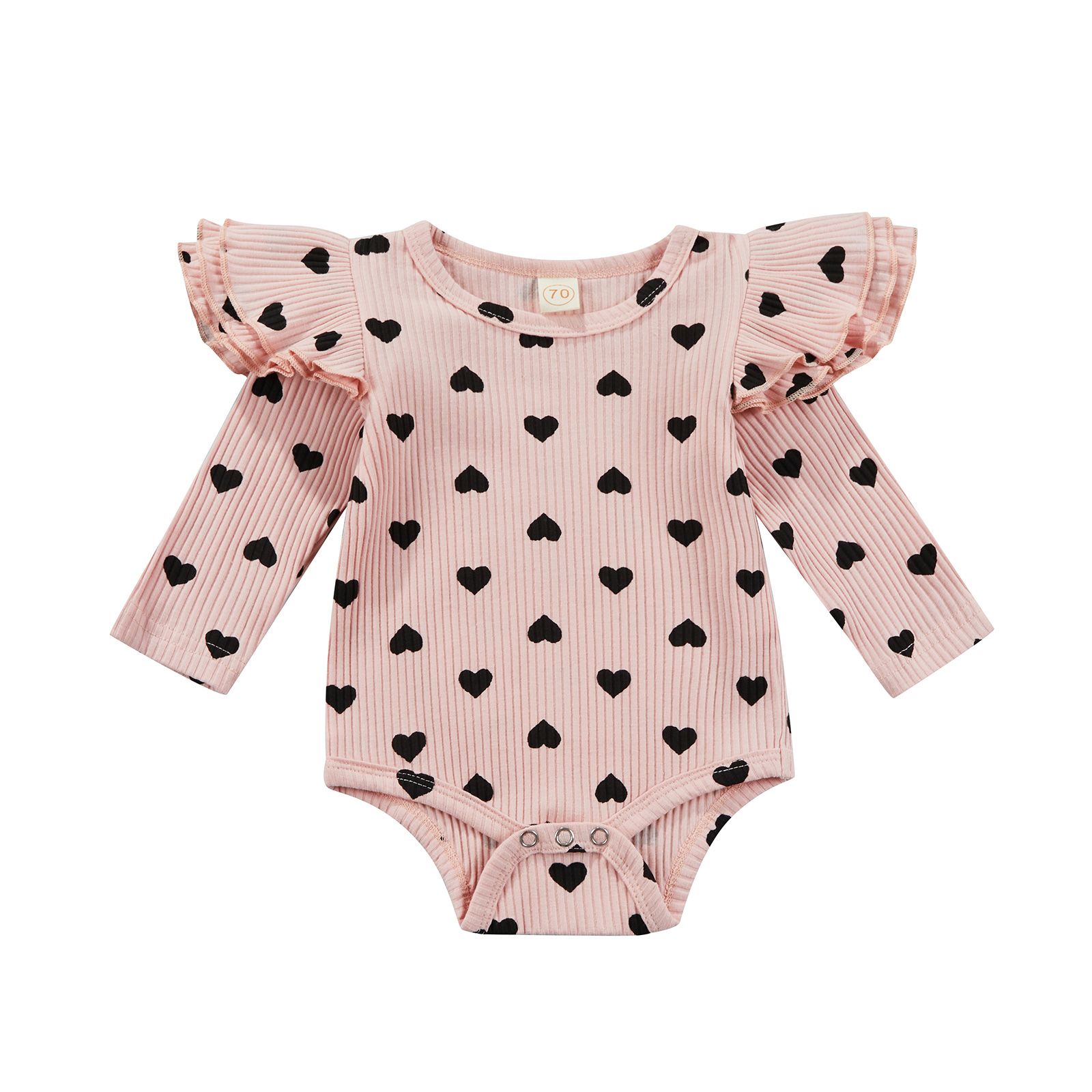 Newborn Baby Hearts Pattern Bodysuit, Long Sleeve Round Collar Ribbed Romper, Short One-Piece Clothes