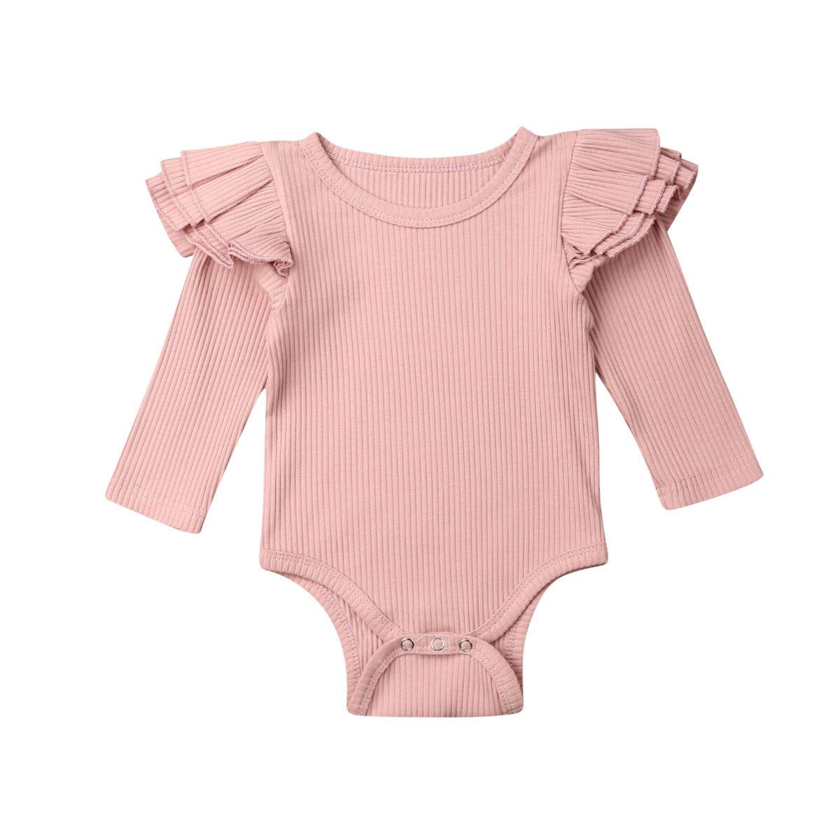 Focusnorm Newborn Baby Girls Bodysuit Cotton Solid Ruffle Long Sleeve Jumpsuit Bodysuit Outfits Winter Clothes