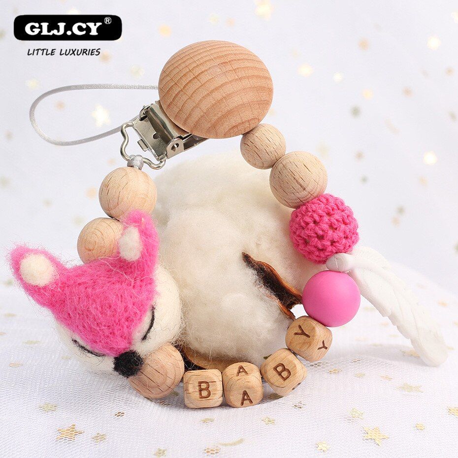 Baby pacifier clips Fox cartoon Wood Nipple Holder Personalized Alphabet Beads Baby Teething Chain Gifts for boys and girls