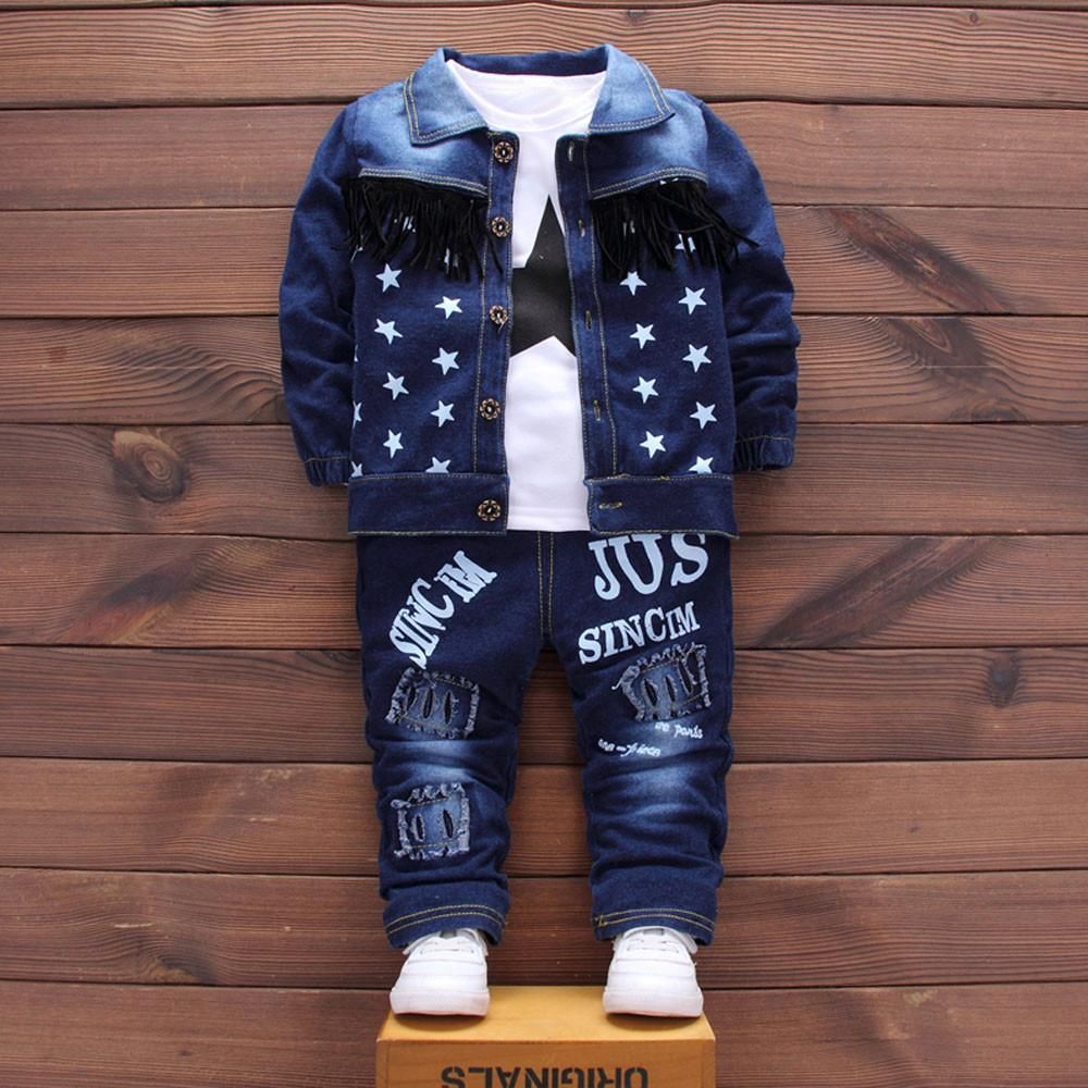 2019 Infant Baby Kids Girls Boys Letter Demin Coat Tops Pants 3Pcs Set Outfit Clothes
