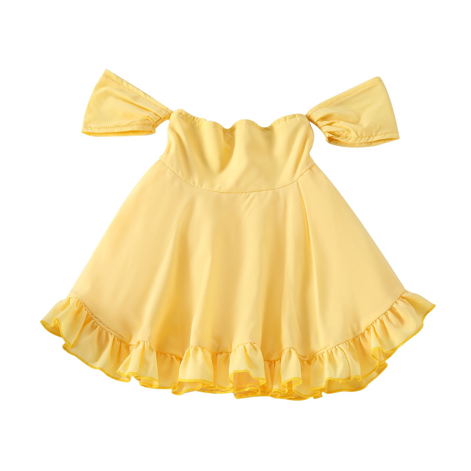 Kids Dress, Girls Solid Color Boat Neck Short Sleeve One-Piece Casual Wear for Summer, Yellow, 0-24 Months