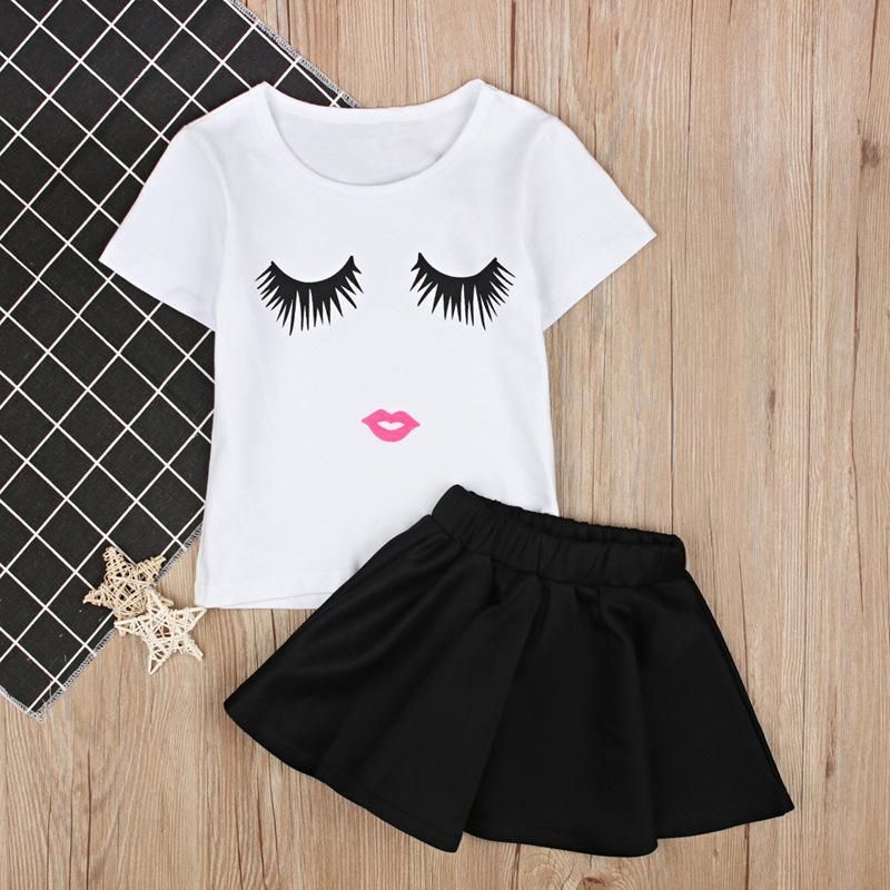 Children'S Summer Girl Short Sleeve Emoticons T-Shirt Top + Black Skirt Two Piece Set