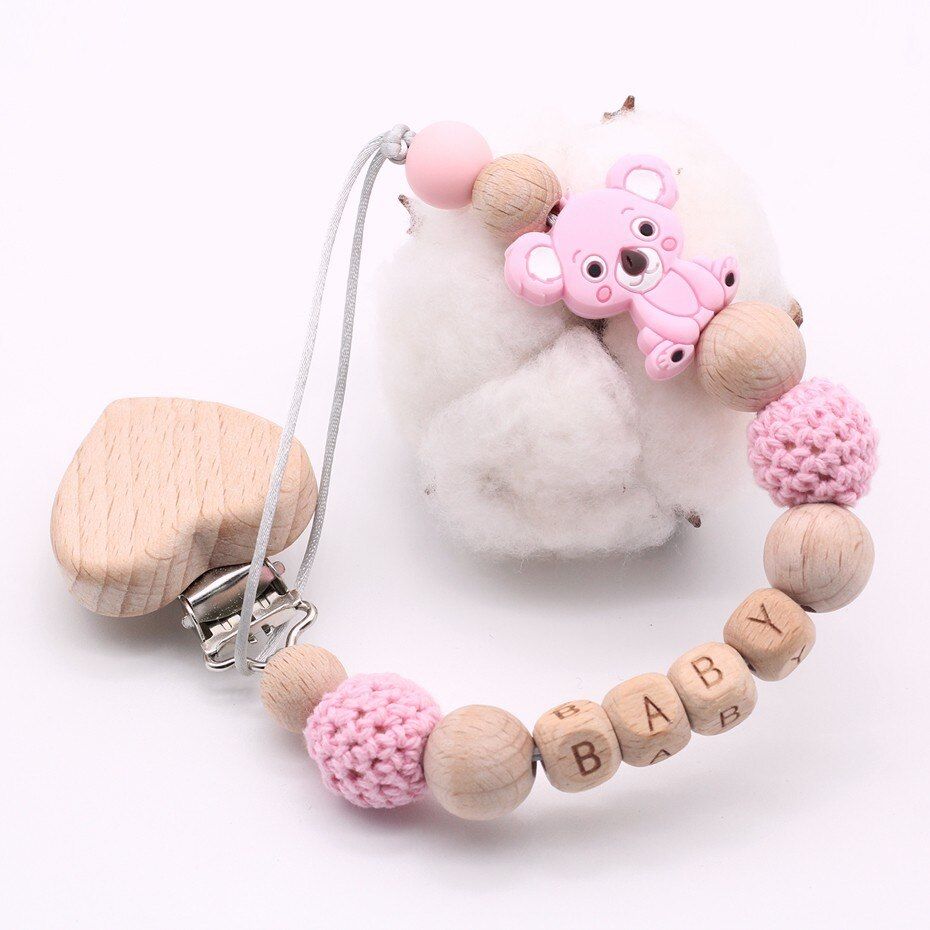 New Custom Name Personalised Baby Pacifier Clip Chain Wood Soother Pacifier Clips Holder Infant Nipple Bottle Dummy Chain Shower