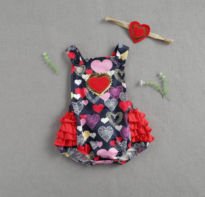 Baby Girls Valentine’s Day Love Heart Print Ruffle Romper Bodysuit with Headband Set