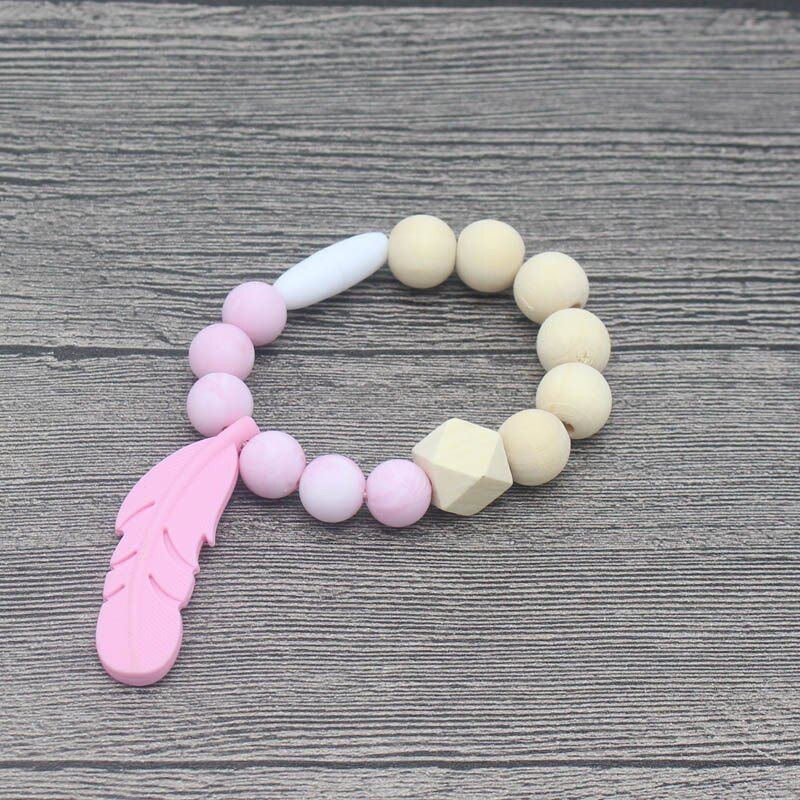 Feather Baby Teether Rings Beech Wood Teething Bracelet Infant Silicone Beads Chew Pacifier Clips With Safe Holder Clip Chain