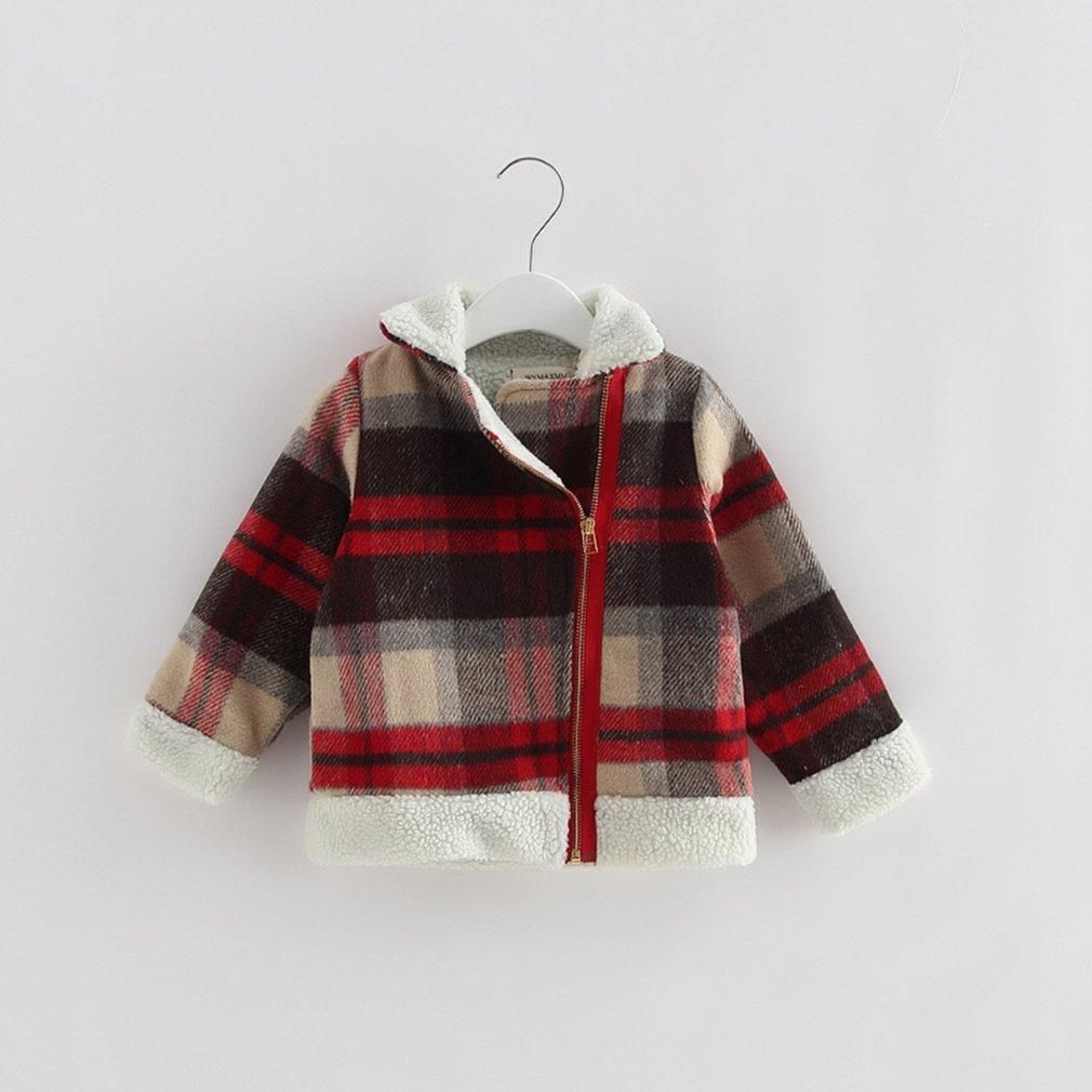 Children Girl Jacket Coat Tilted Zipper Closure Plaid Outerwear Fleece Coat