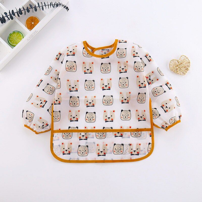 Baby Kids Toddler Long Sleeve Waterproof Art Smock Feeding Bib Cute Cartoon Dinosaur Burp Cloths Apron Pocket 1-6Y