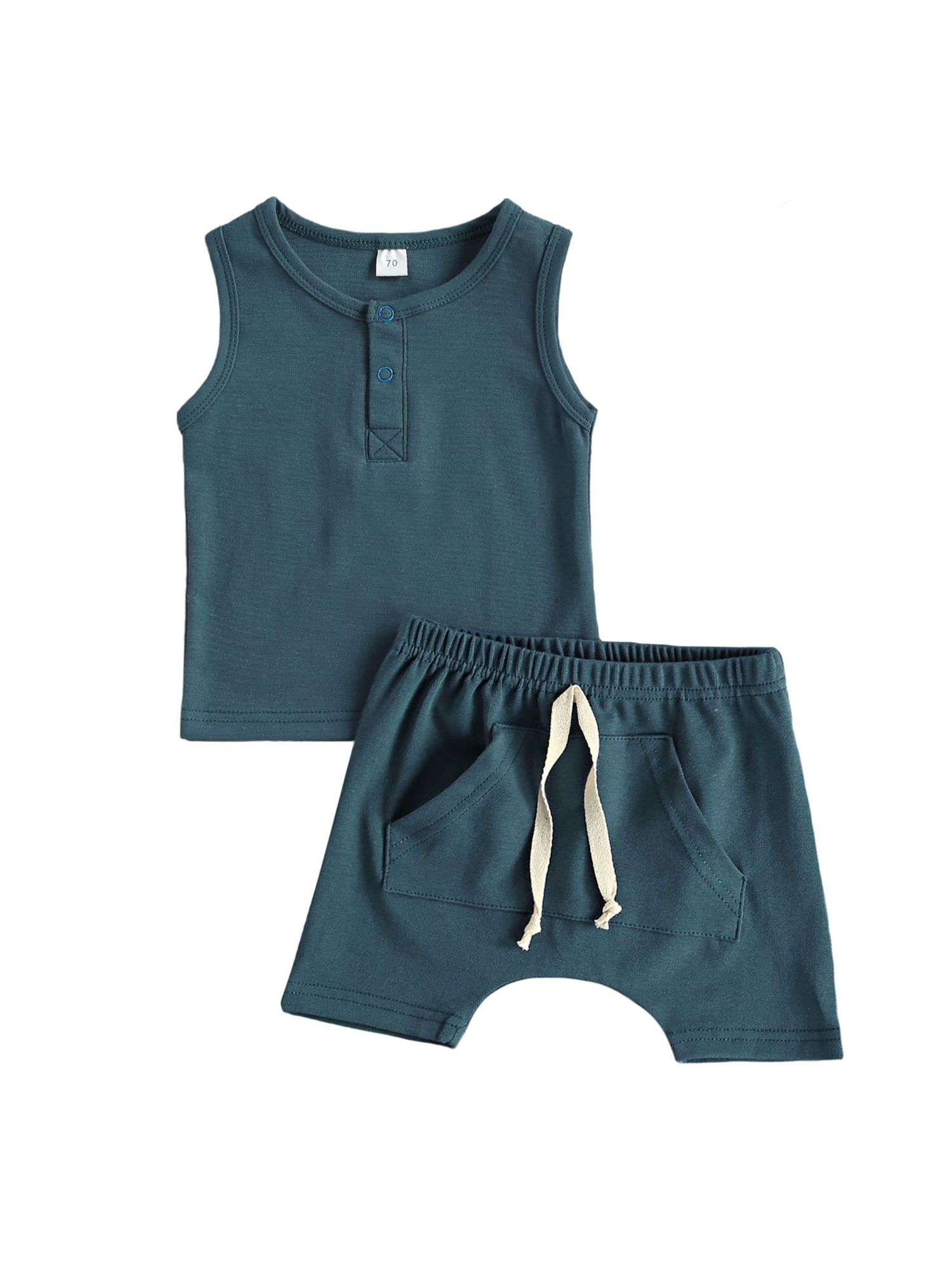 Baby Tank + Shorts, Elastic Waist with Pockets, Button Decoration, Simple Style Cool Clothing