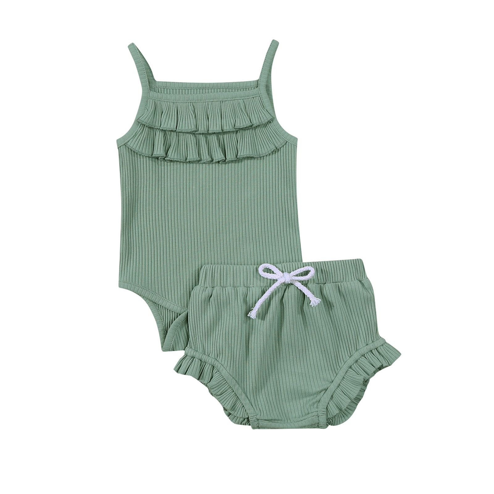 Baby Solid Color Clothes Set, Girls Sleeveless Square Collar Sling Romper+Drawstring Short Pants