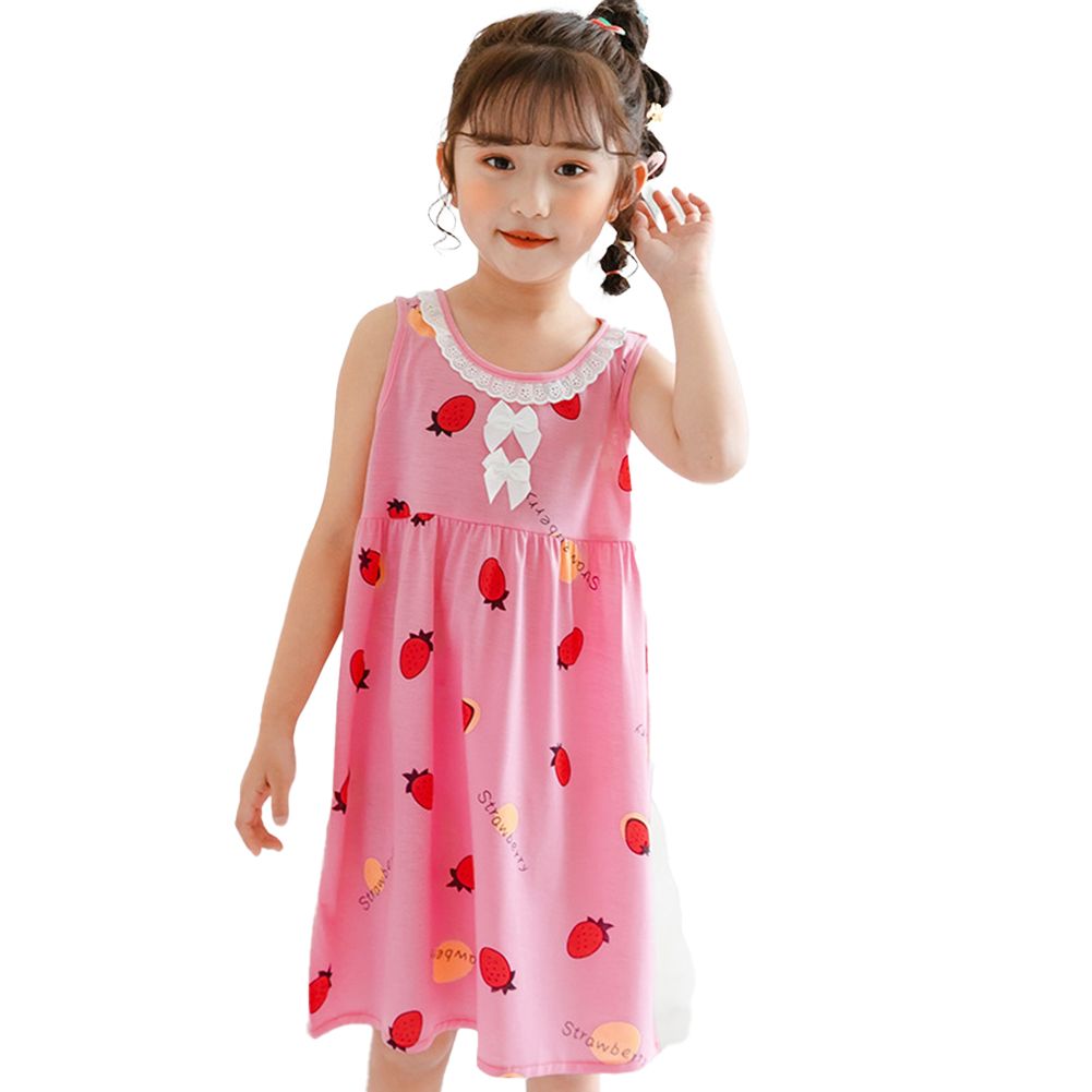 irls  Pajamas lk Silk Cartoon Character Strawberry Print Sleeveless Nightdress For 4-10 Years Old color:Pink strawberry size:12 yards infant age:4-5years