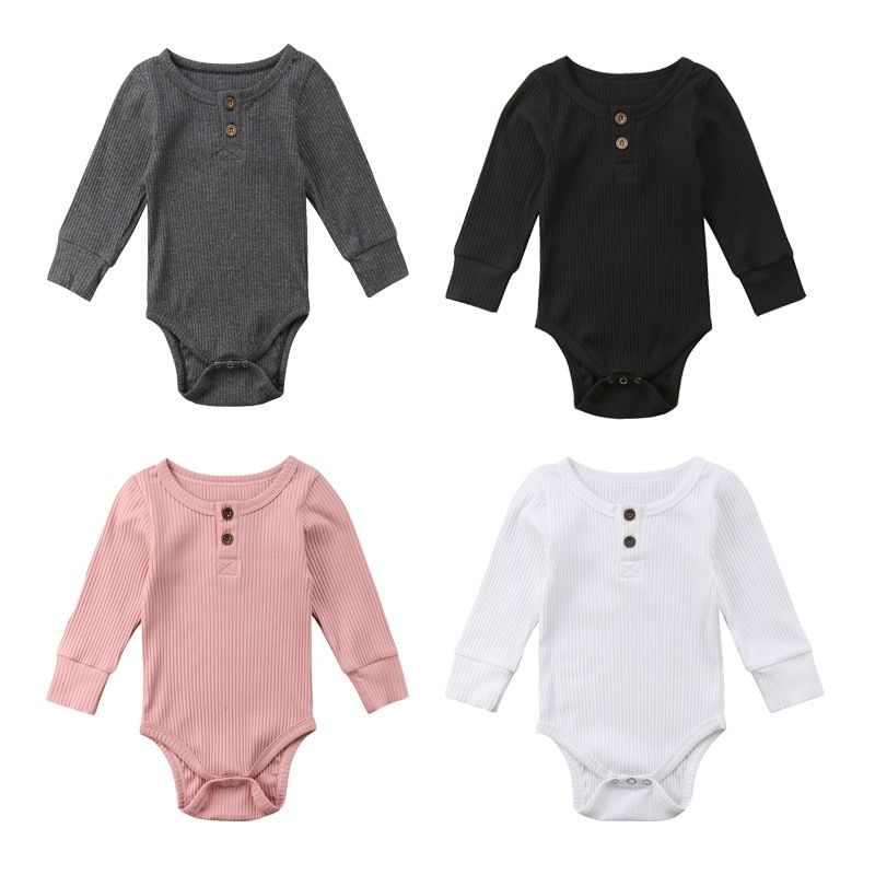 0-24M Long sleeve Buttons Decor Bodysuits For Newborn Infant Baby Girls boys Solid Color Jumpsuits