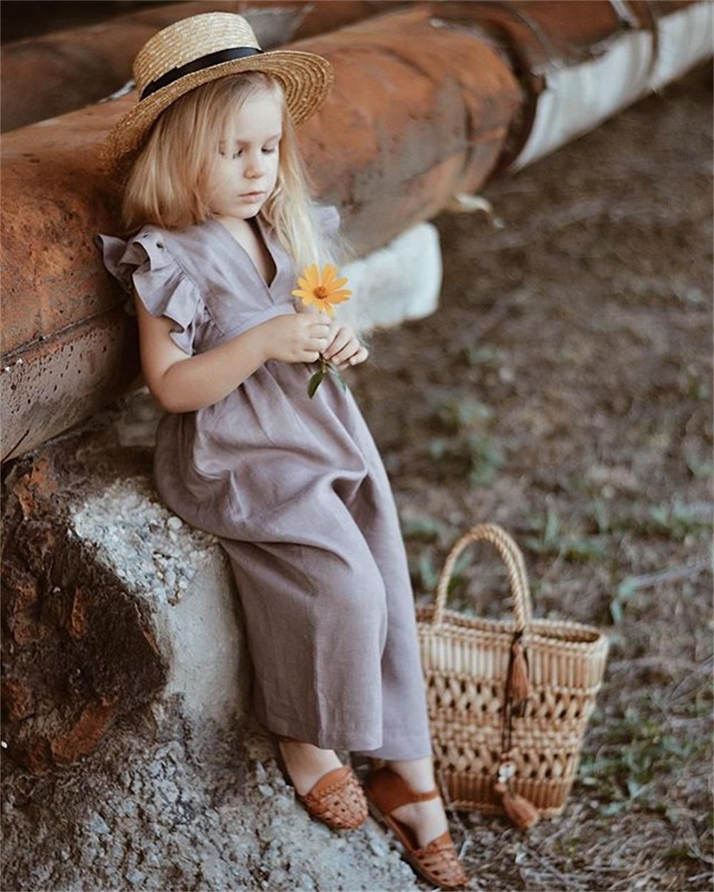 Casual Kids Baby Girl Ruffles Romper Kids Girl Plain Wide Leg Pants Romper Frills Fly Sleeve V-Neck Jumpsuit Summer 1-6Y