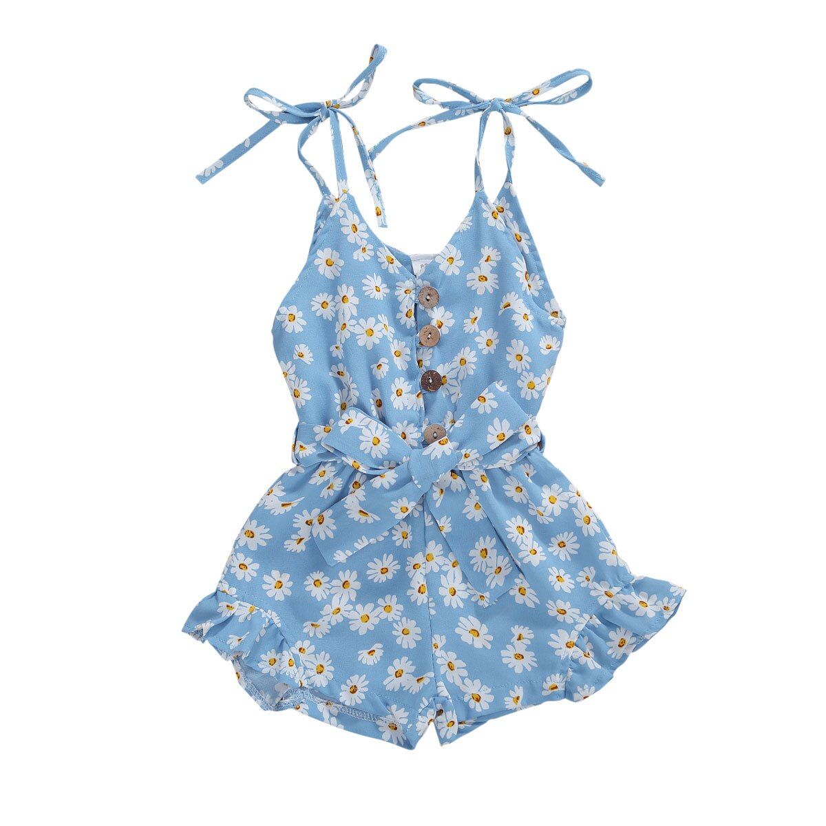 Baby Romper Floral Print V-Neck Sleeveless Playsuits Daisy Print Jumpsuit for Girls Green/Pink/Blue/Yellow/Black