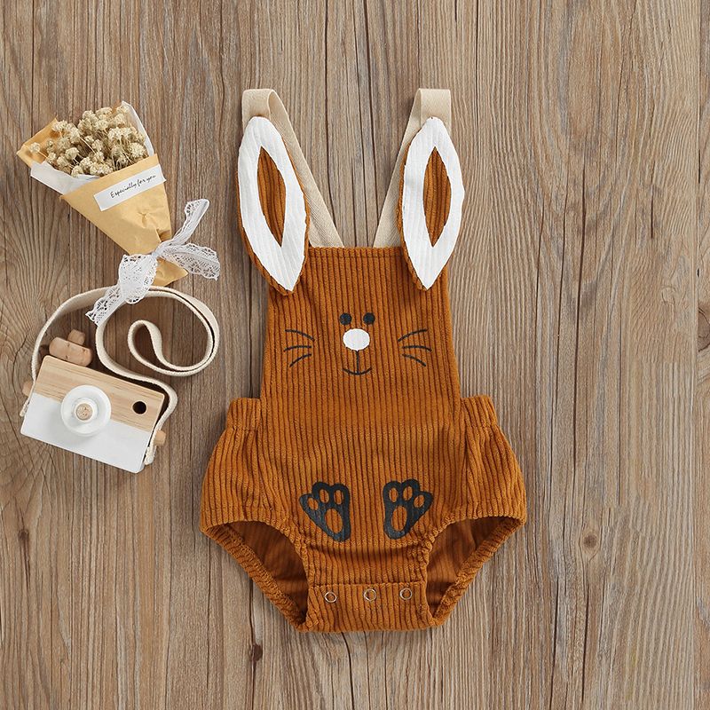 Baby Romper, Sleeveless Cartoon Rabbit Button Closure Corduroy Bodysuit for Girls Boys