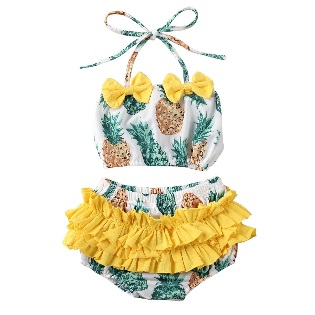 2PCS Baby Girl Pineapple Watermelon Print Swimwear Kids Ruffle Bowknot Swimsuit