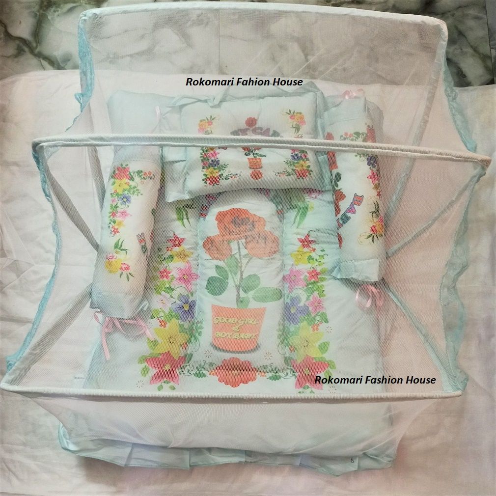 Baby Bed with Mosquito Net and Pillow - Multi-Color