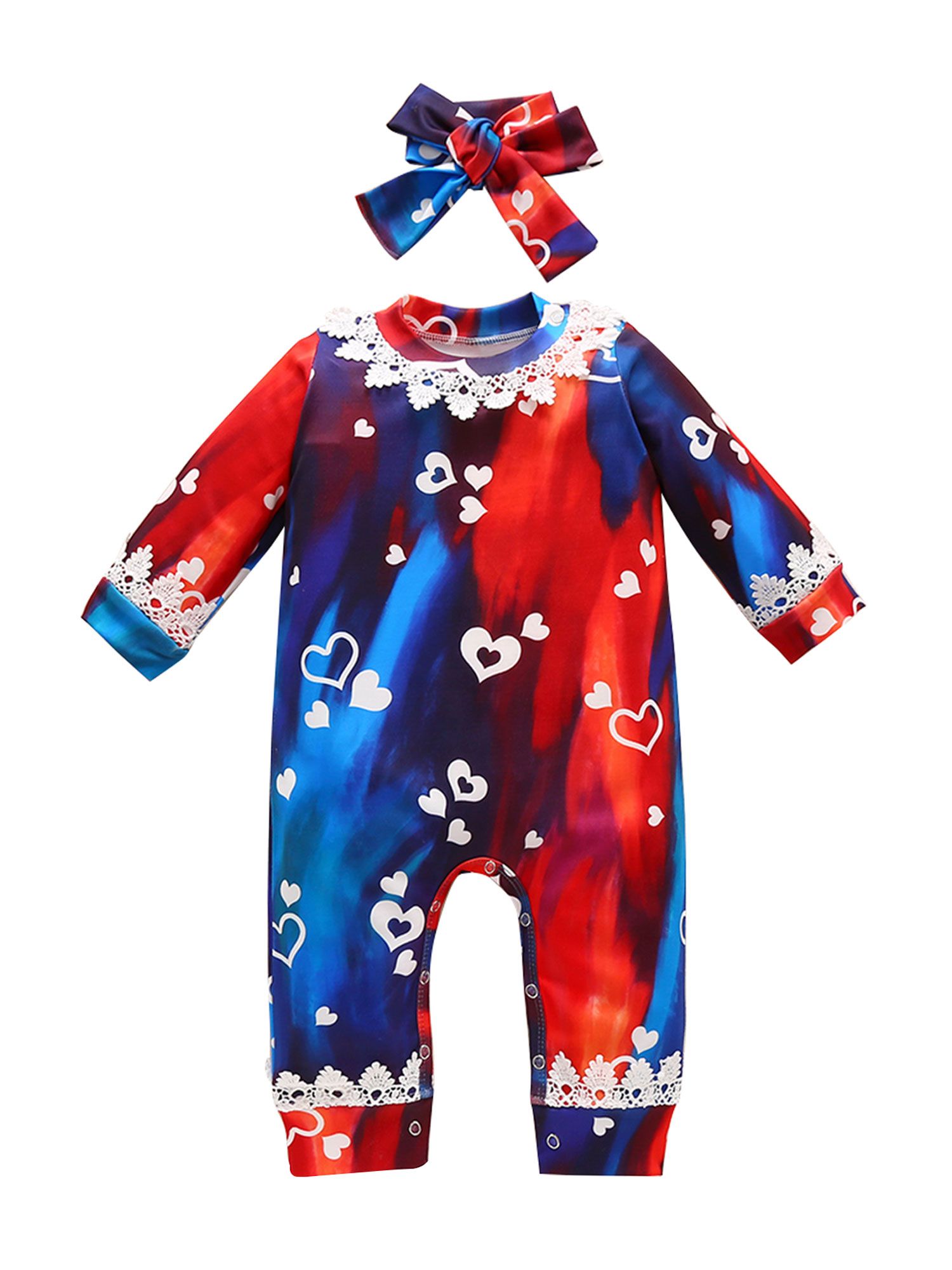 Newborn Baby Girls 2-piece Outfit Set Long Sleeve Heart Print Jumpsuit+Headband Set