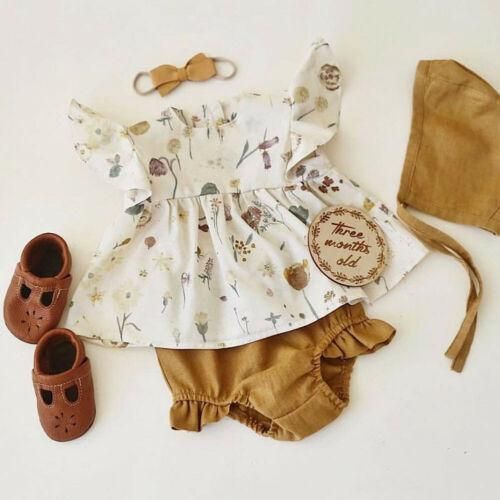 Baby Girl Floral Clothes Ruffle Sleeve Yellow Shorts Hat Headband Casual Outfit